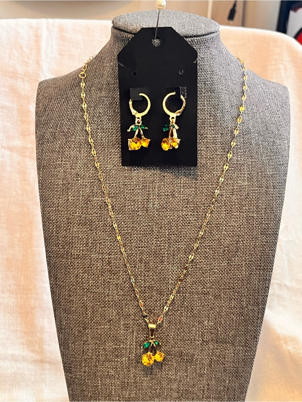 Beautiful Yellow/Gold Cherry Pendant Necklace and Earring Set - Yellow and Green